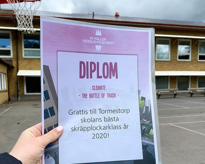 Diplom till Tormestorps skola för att de deltagit i tävlingen Cleanite.