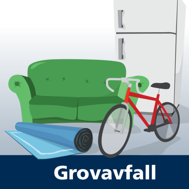tecknad bild av grovavfall, soffa, cykel, kylskåp, matta